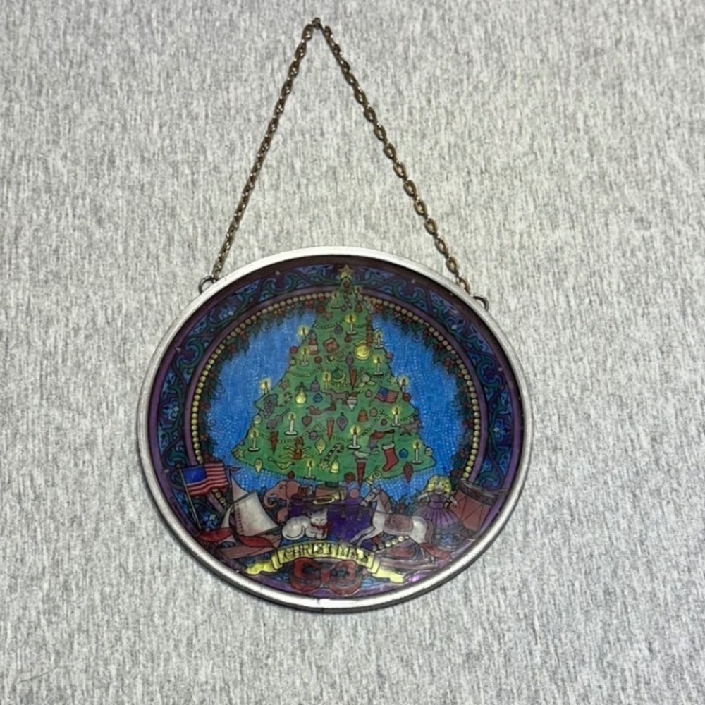 Vintage Stained Glass Christmas Tree Suncatcher Window Hanging Rocking Horse 6"